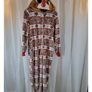 Rudolph Kids Hooded One-Piece Christmas Outfit Size L Fleece Antlers Red Nose